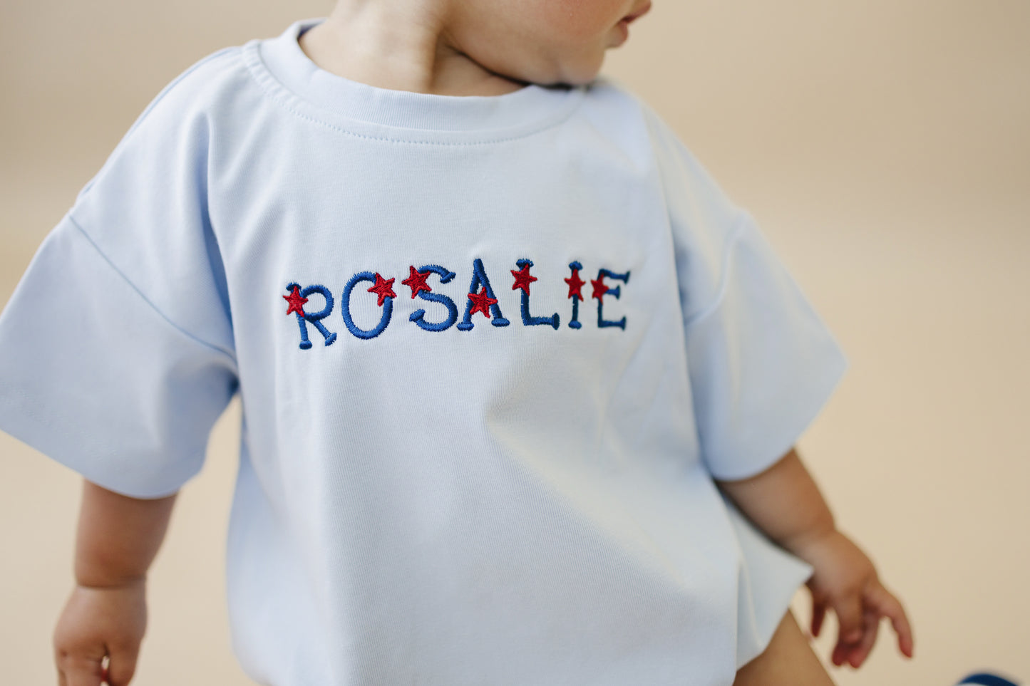 Custom Embroidered Light Blue 4th of July T-Shirt Romper - bow or pick your own design!