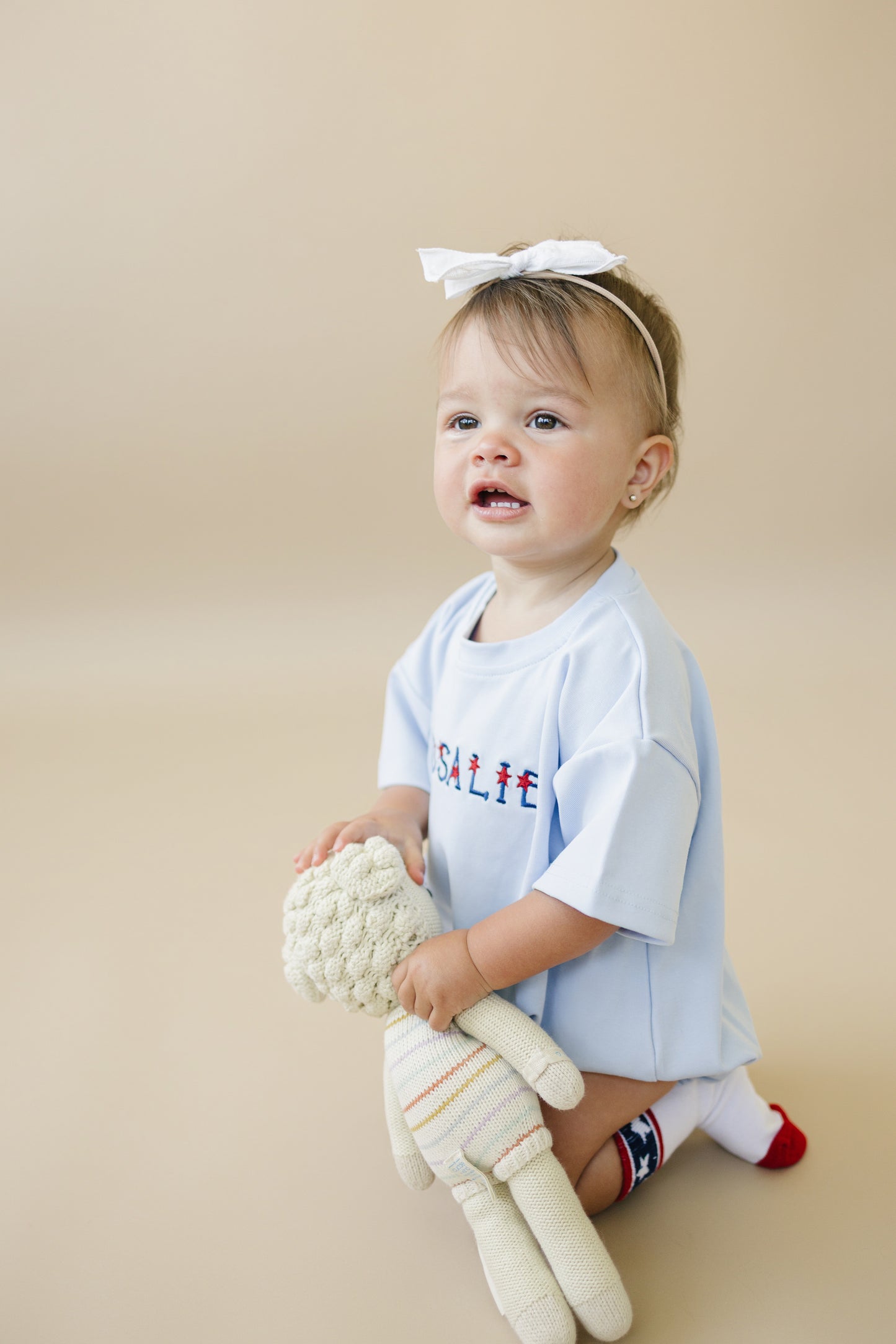 Custom Embroidered Light Blue 4th of July T-Shirt Romper - bow or pick your own design!