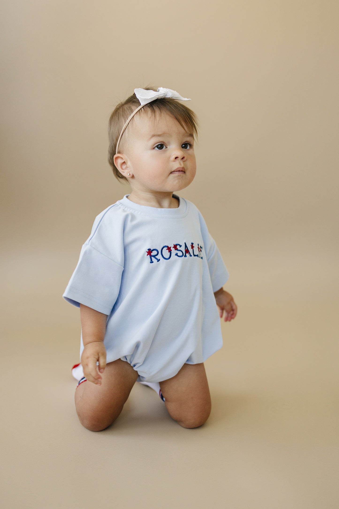 Custom Embroidered Light Blue 4th of July T-Shirt Romper - bow or pick your own design!