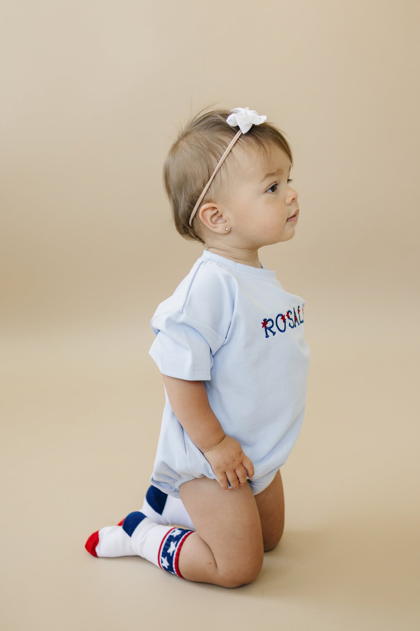 Custom Embroidered Light Blue 4th of July T-Shirt Romper - bow or pick your own design!