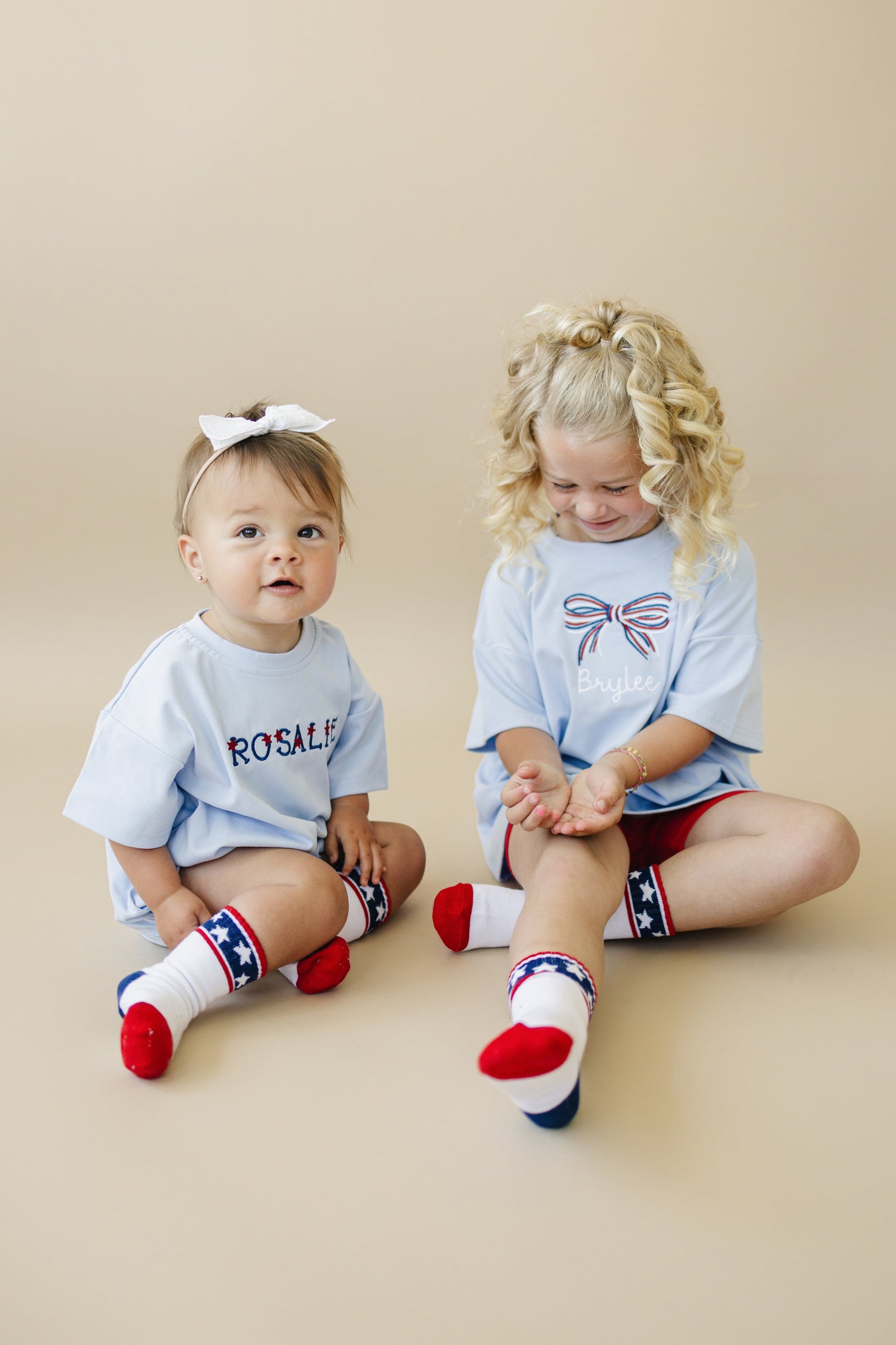Custom Embroidered Light Blue 4th of July T-Shirt Romper - bow or pick your own design!