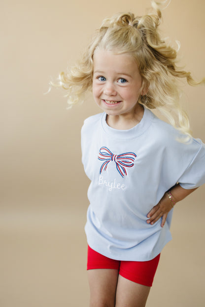Custom Embroidered Light Blue 4th of July Oversized Tee or T-Shirt Romper - Bow