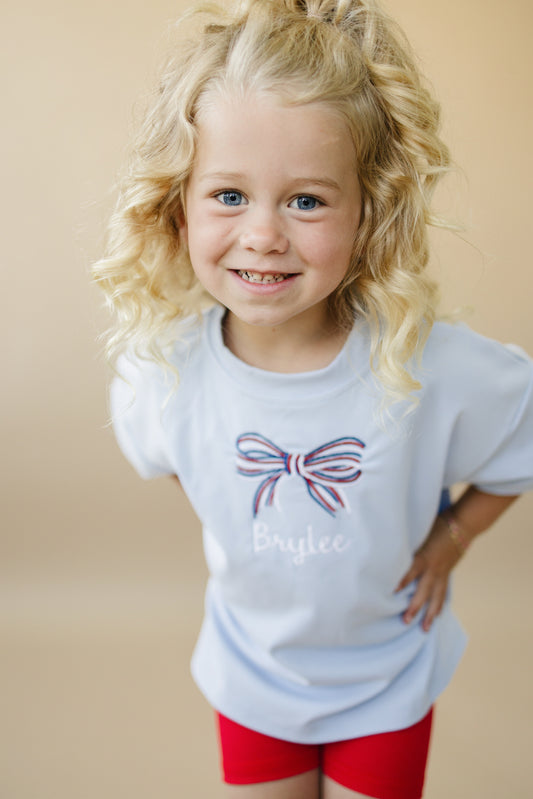 Custom Embroidered Light Blue 4th of July Oversized Tee or T-Shirt Romper - Bow