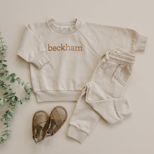 Custom Embroidered Organic Cotton Jogger Set - Cream