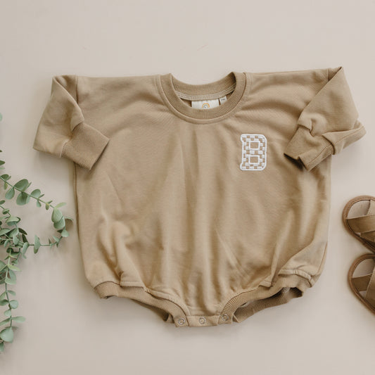Custom Embroidered Sweatshirt Romper - Camel