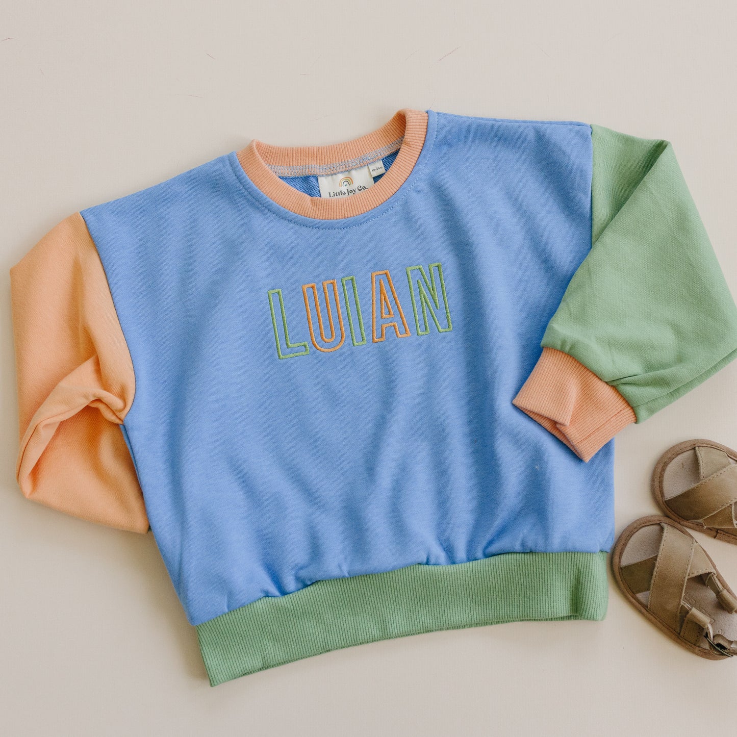 Custom Embroidered Colorblock Crewneck Sweatshirt - Orange Blue Green