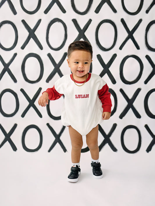 Custom Embroidered Colorblock Valentine's Sweatshirt Romper - Red