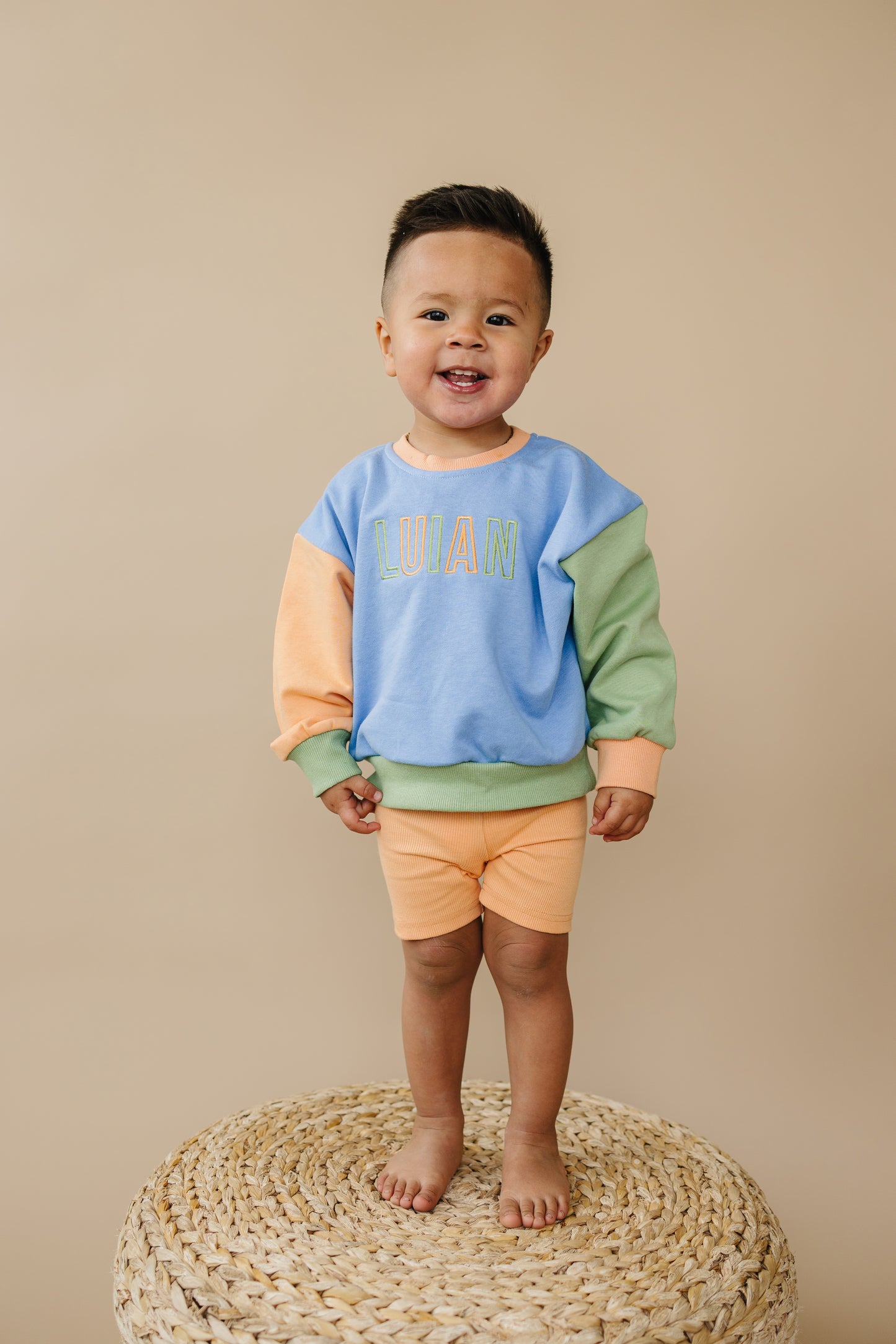 Custom Embroidered Colorblock Crewneck Sweatshirt - Orange Blue Green