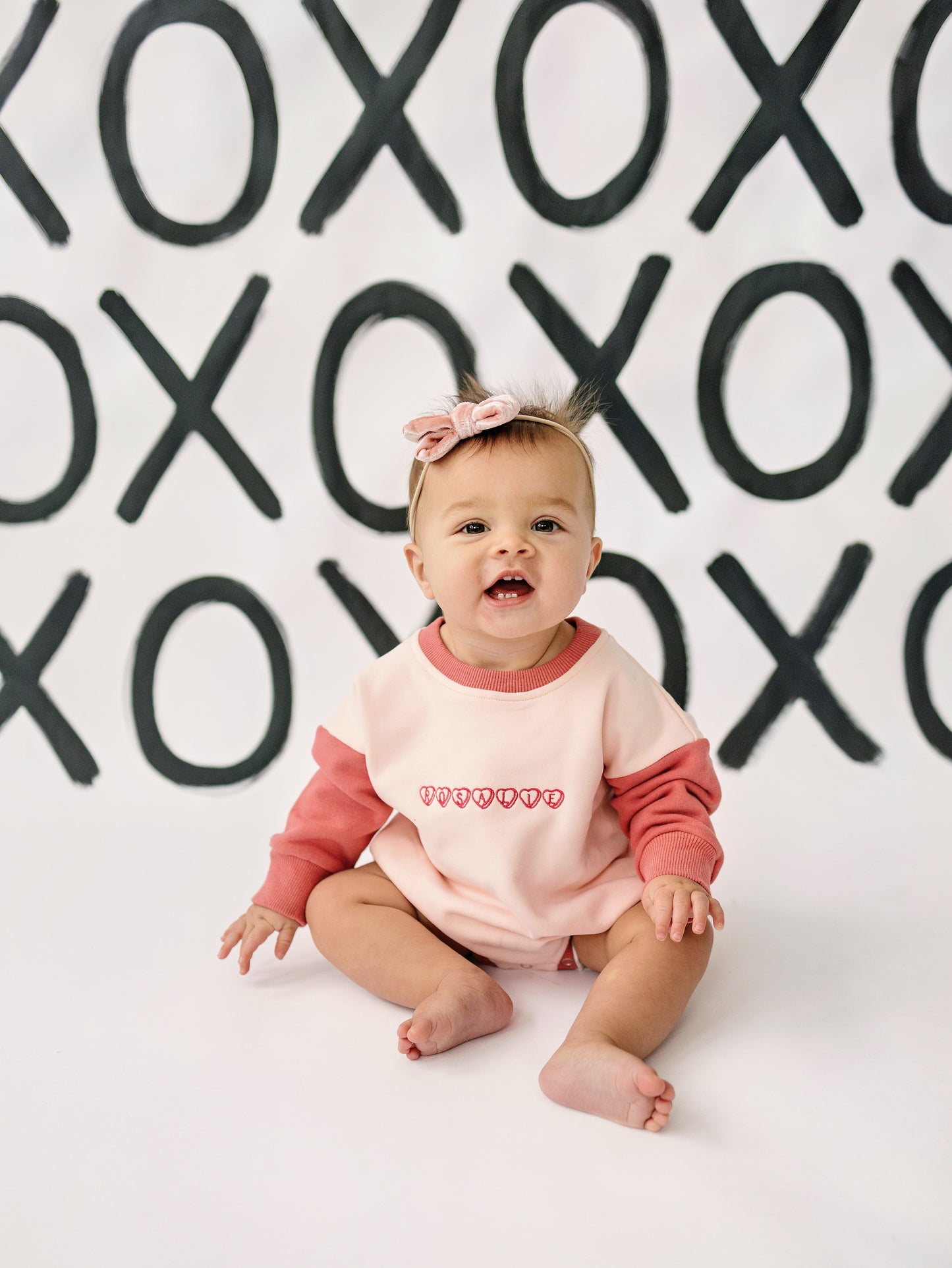 Custom Embroidered Colorblock Sweatshirt Romper - Pink/Pink