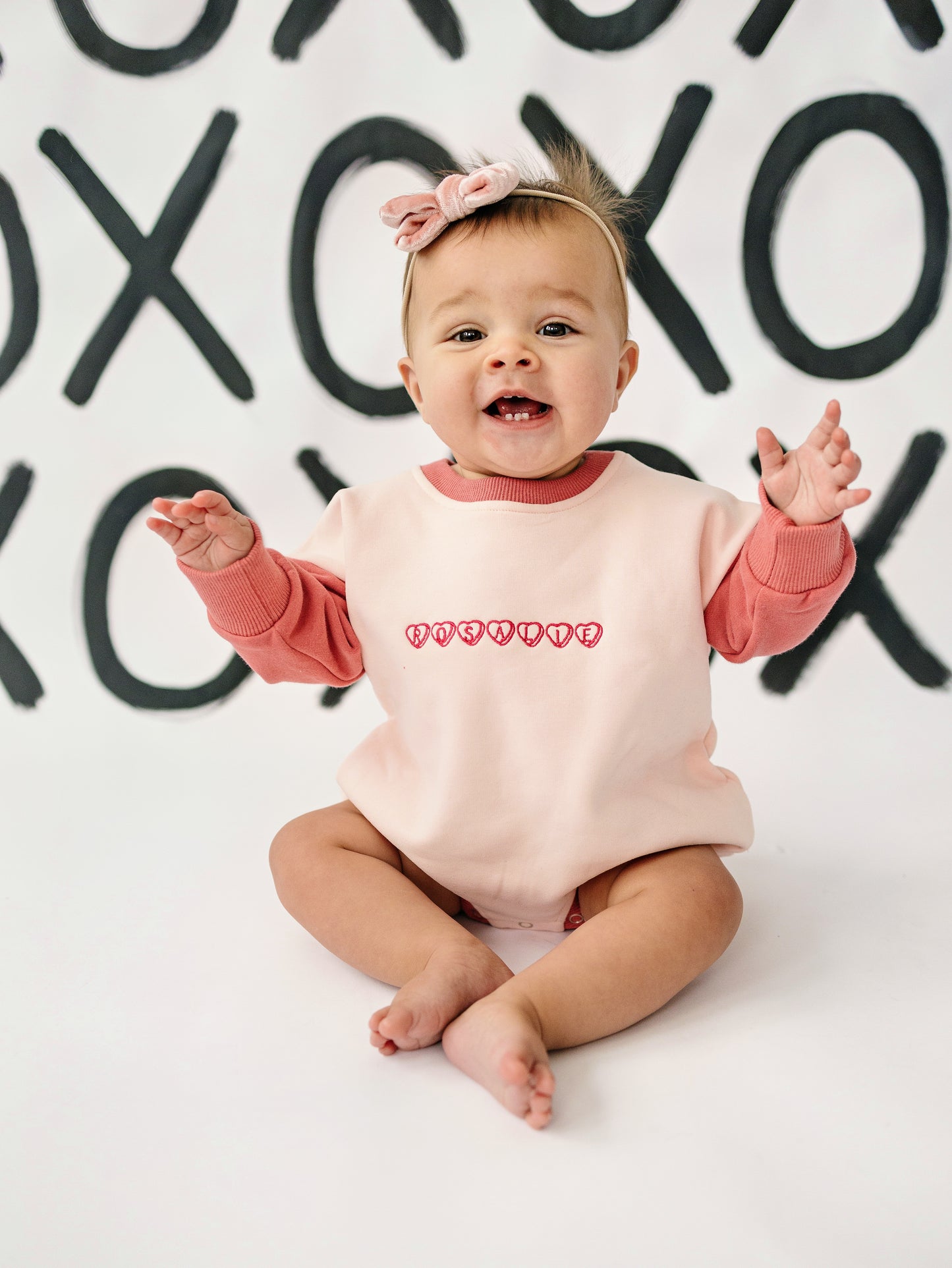 Custom Embroidered Pink Valentine's Day Colorblock Sweatshirt or Sweatshirt Romper