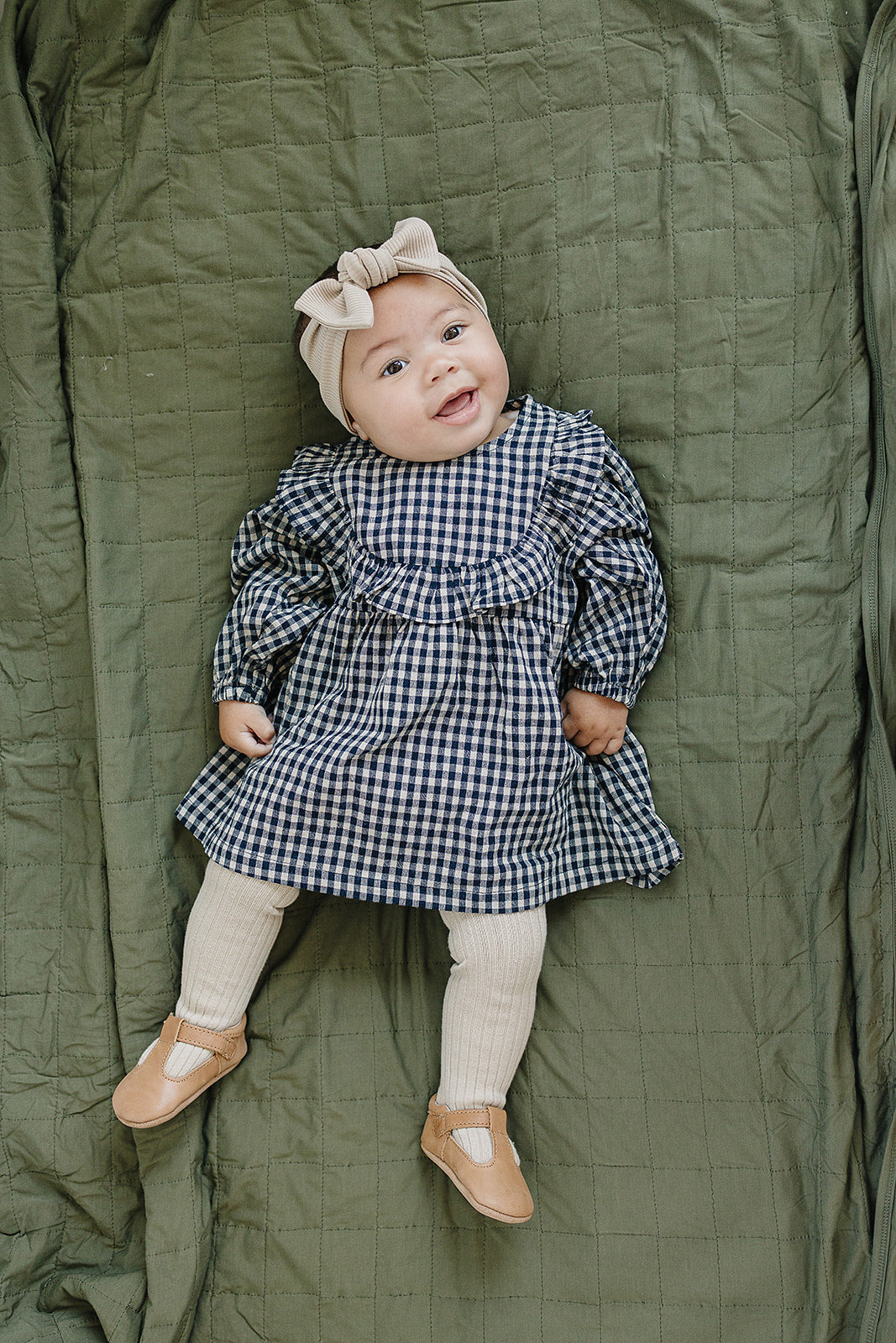 Gingham Long Sleeve Ruffle Linen Dress