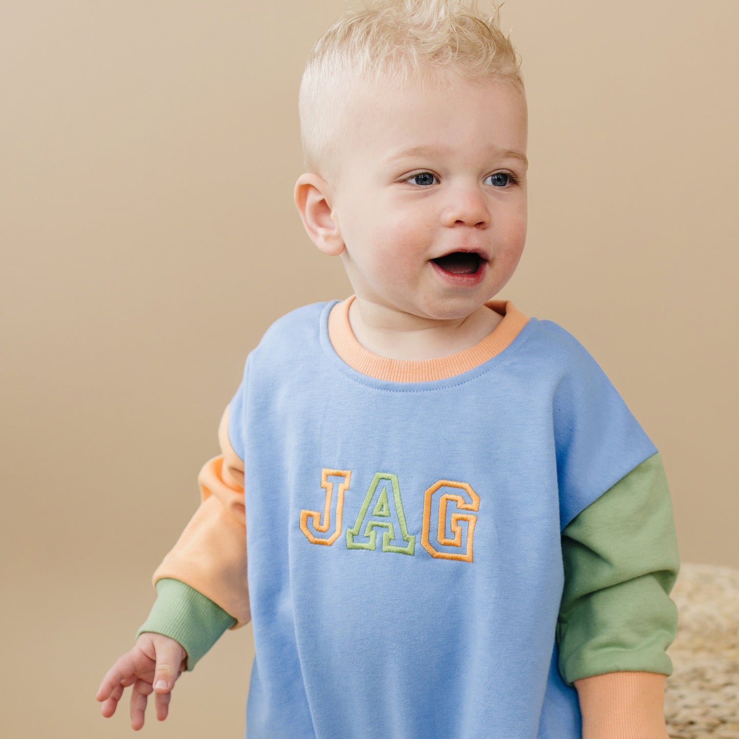 Custom Embroidered Colorblock Crewneck Sweatshirt - Orange Blue Green