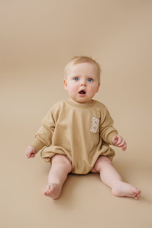 Custom Embroidered Sweatshirt Romper - Camel