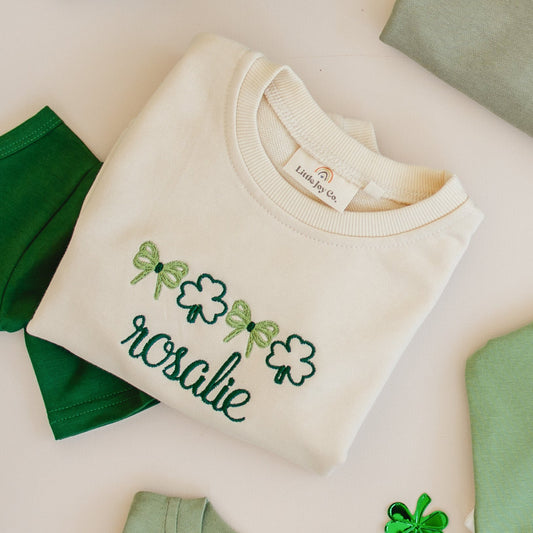 Custom Embroidered St. Patrick's Day Sweatshirt Romper - Bows & Shamrocks