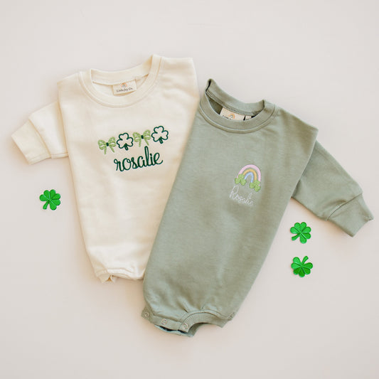 Custom Embroidered St. Patrick's Day Sweatshirt Romper - Bows & Shamrocks