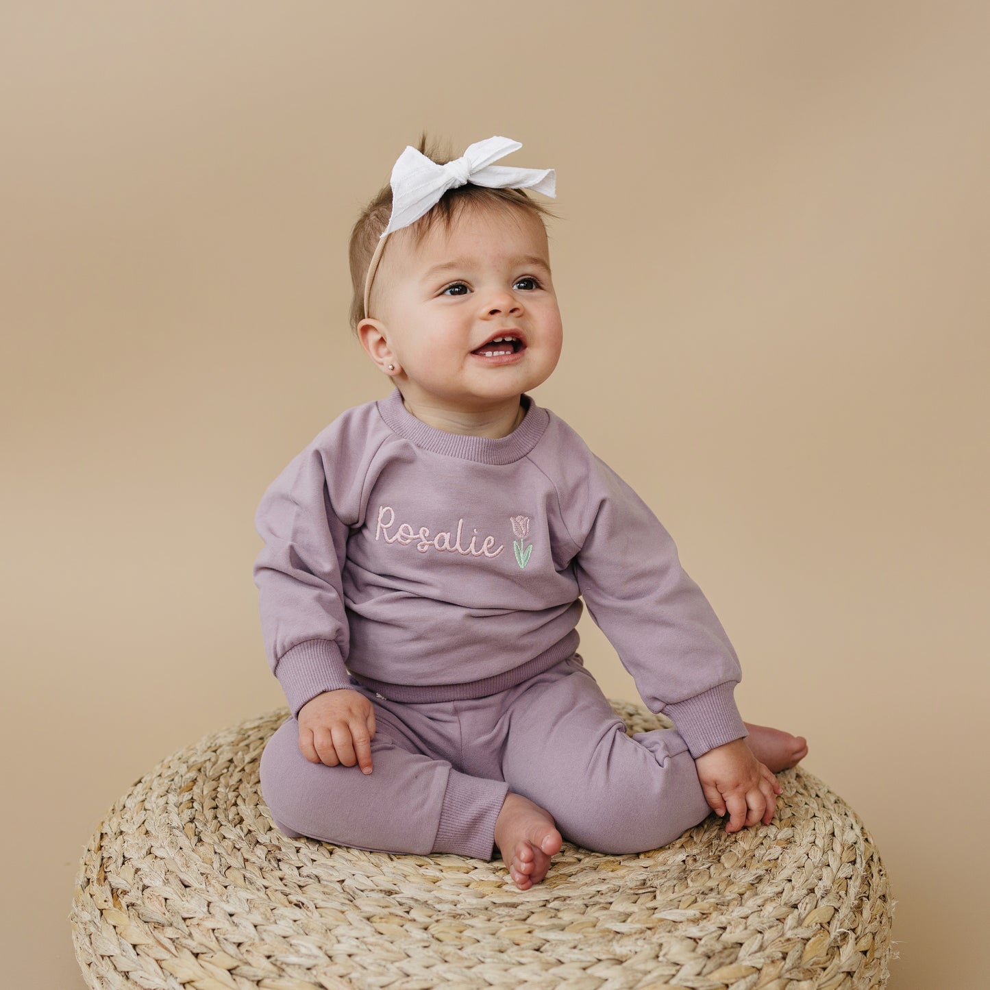 Custom Embroidered Organic Cotton Jogger Set or Sweatshirt Romper - Purple