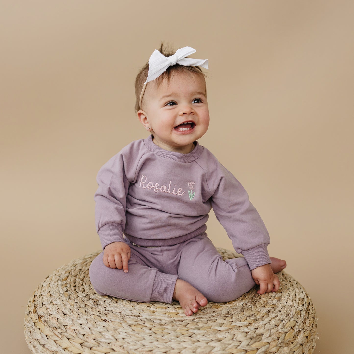 Custom Embroidered Organic Cotton Jogger Set or Sweatshirt Romper - Purple