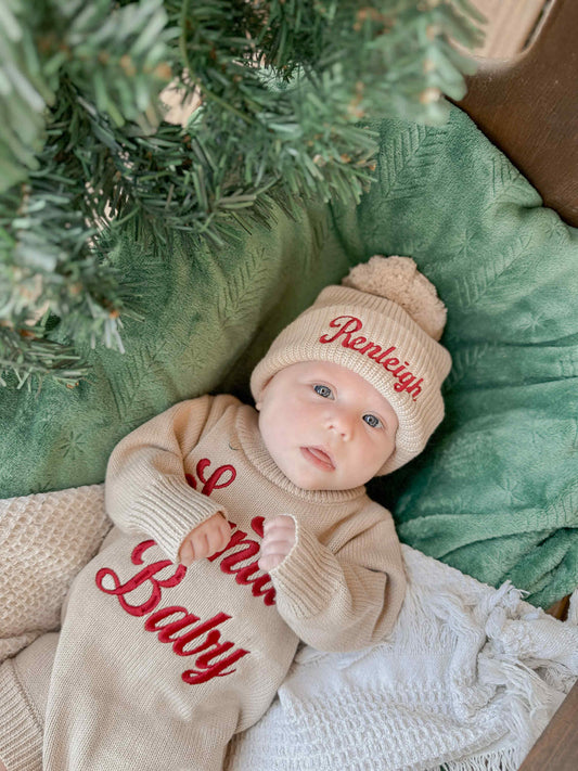 Custom Embroidered Santa Baby Christmas Knit Sweater Romper + Add-On Booties & Hat Set