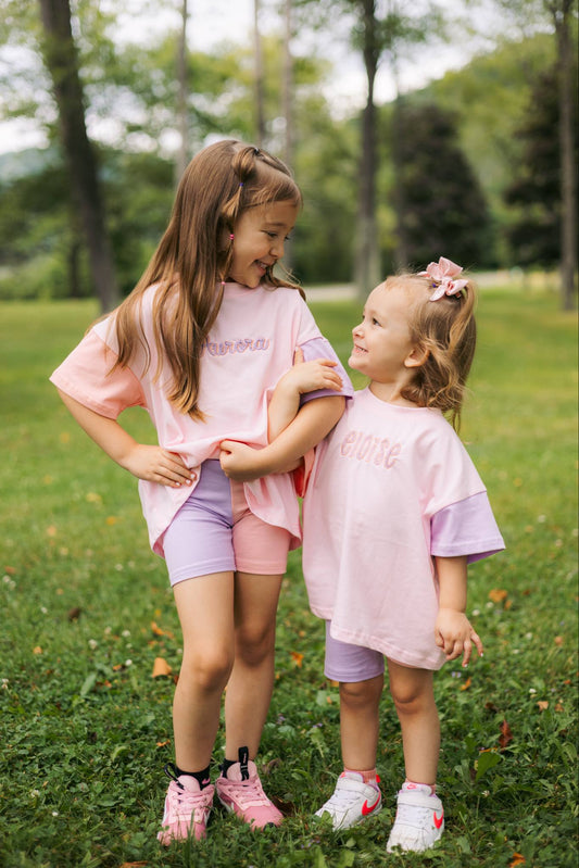 Custom Embroidered Colorblock Tee and Biker Shorts Set - Pink & Purple Set