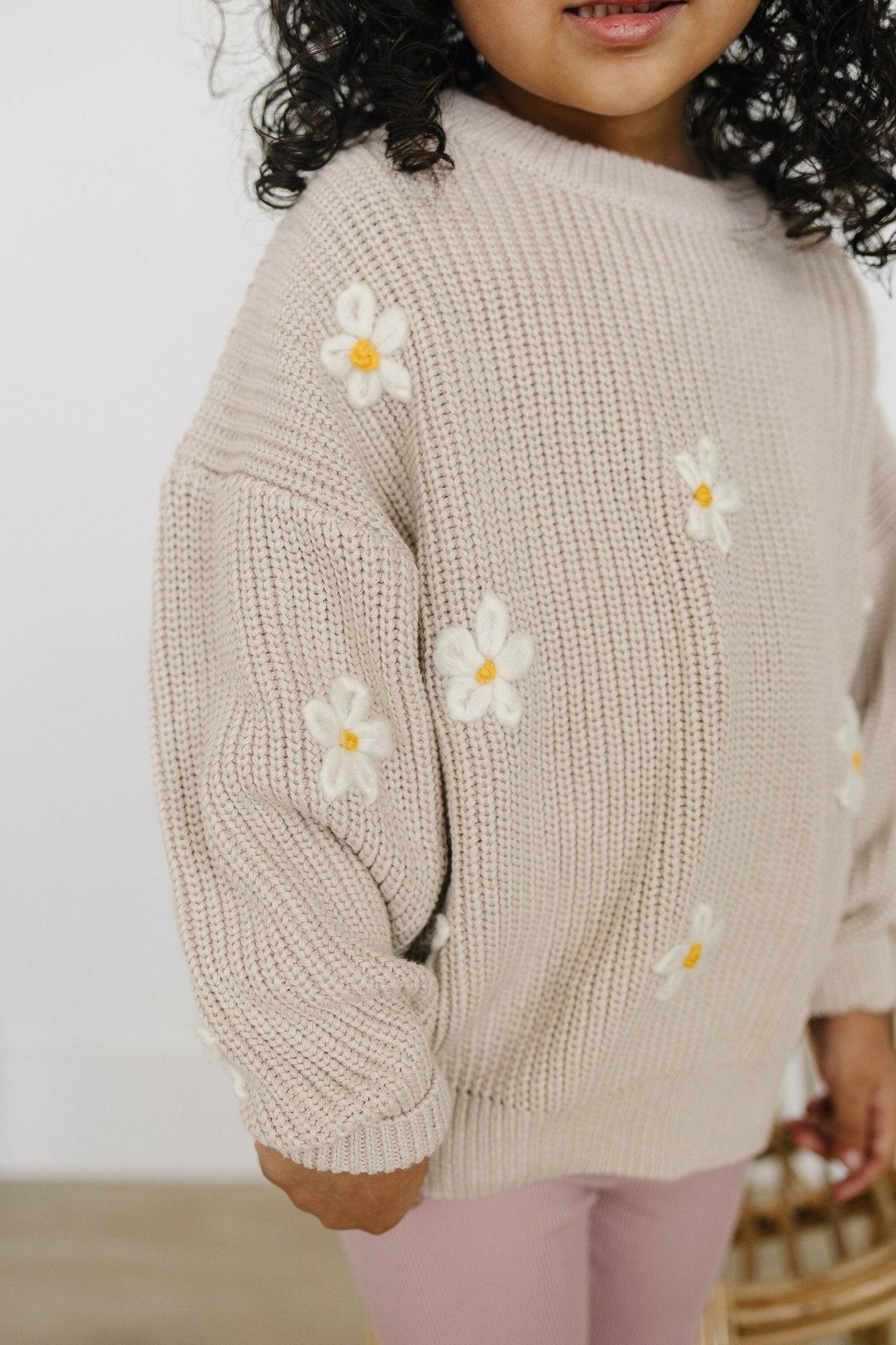 Beige Daisy Hand Embroidered Sweater - Little Joy Co.