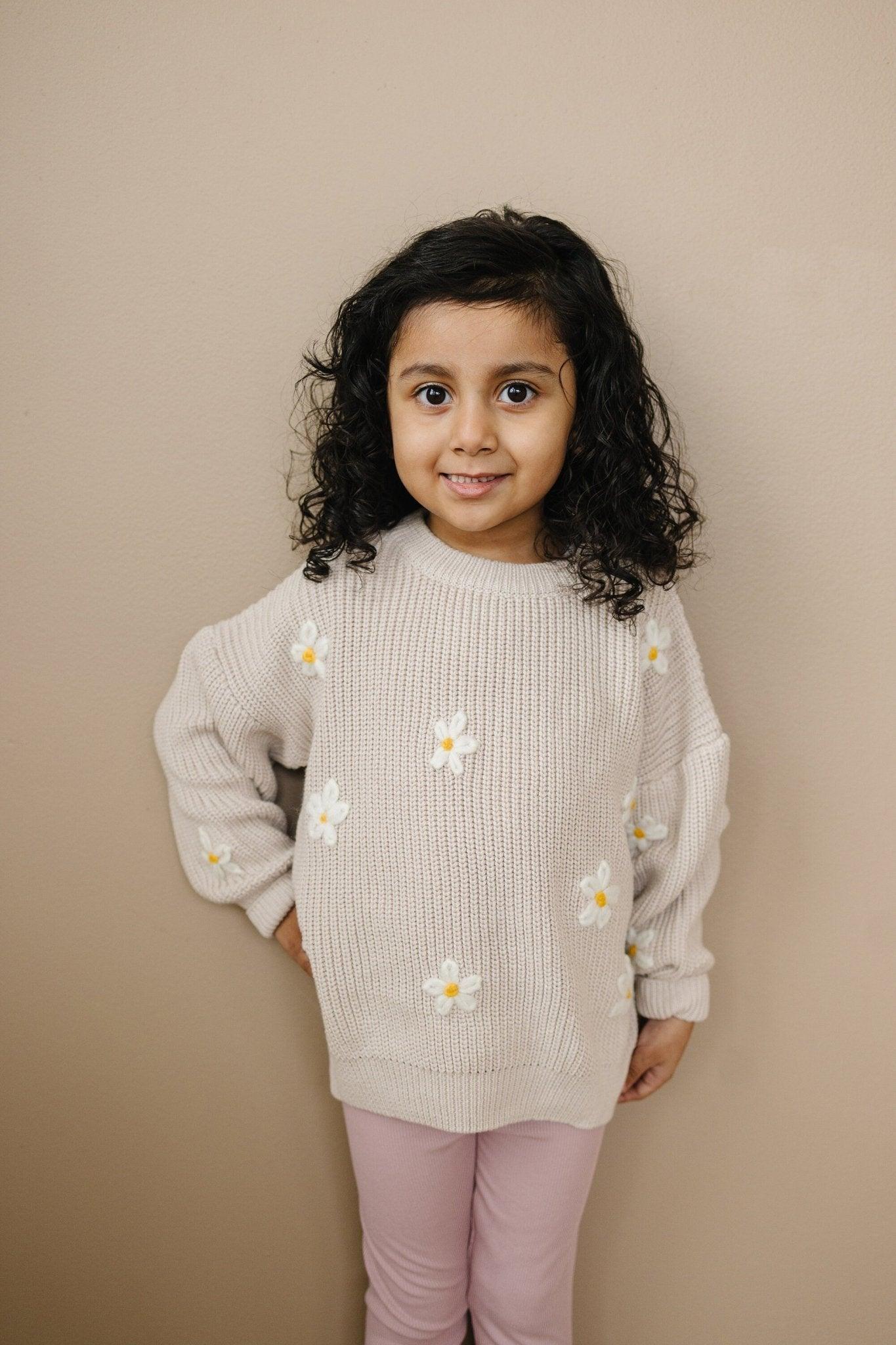 Beige Daisy Hand Embroidered Sweater - Little Joy Co.