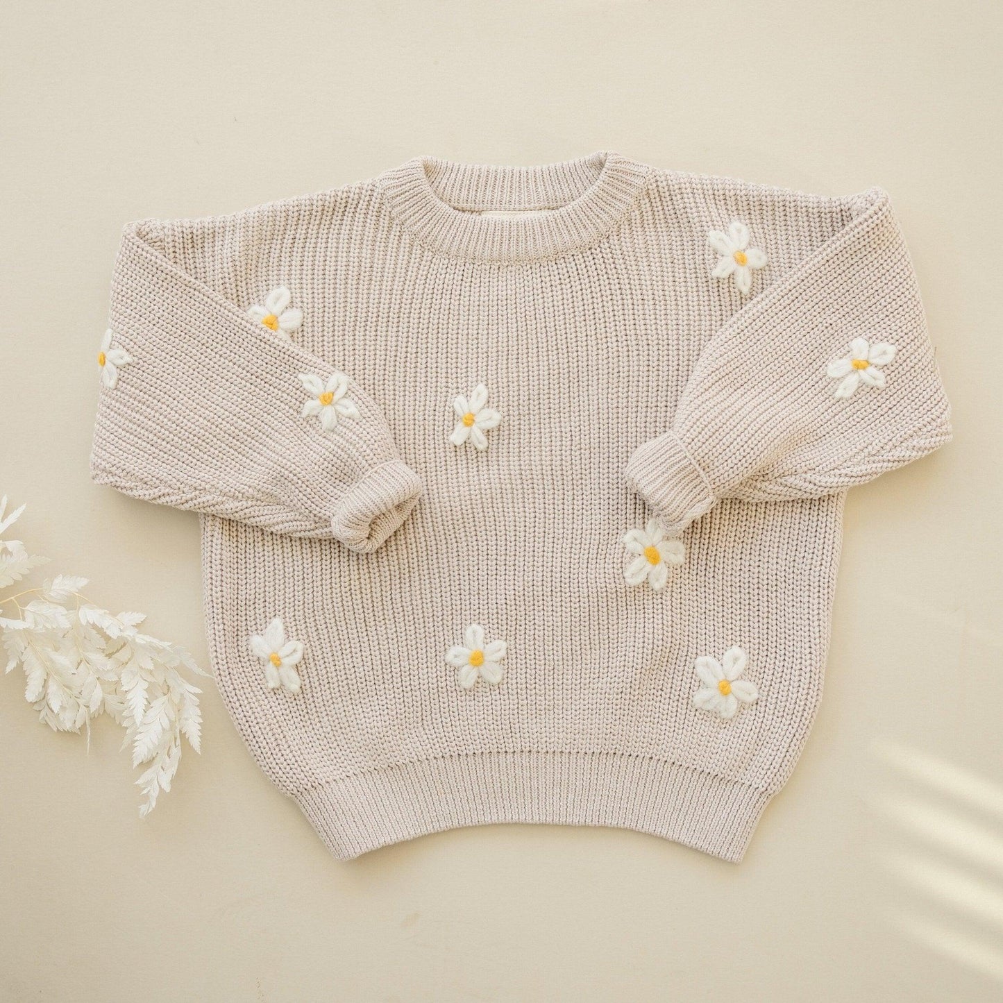 Beige Daisy Hand Embroidered Sweater - Little Joy Co.