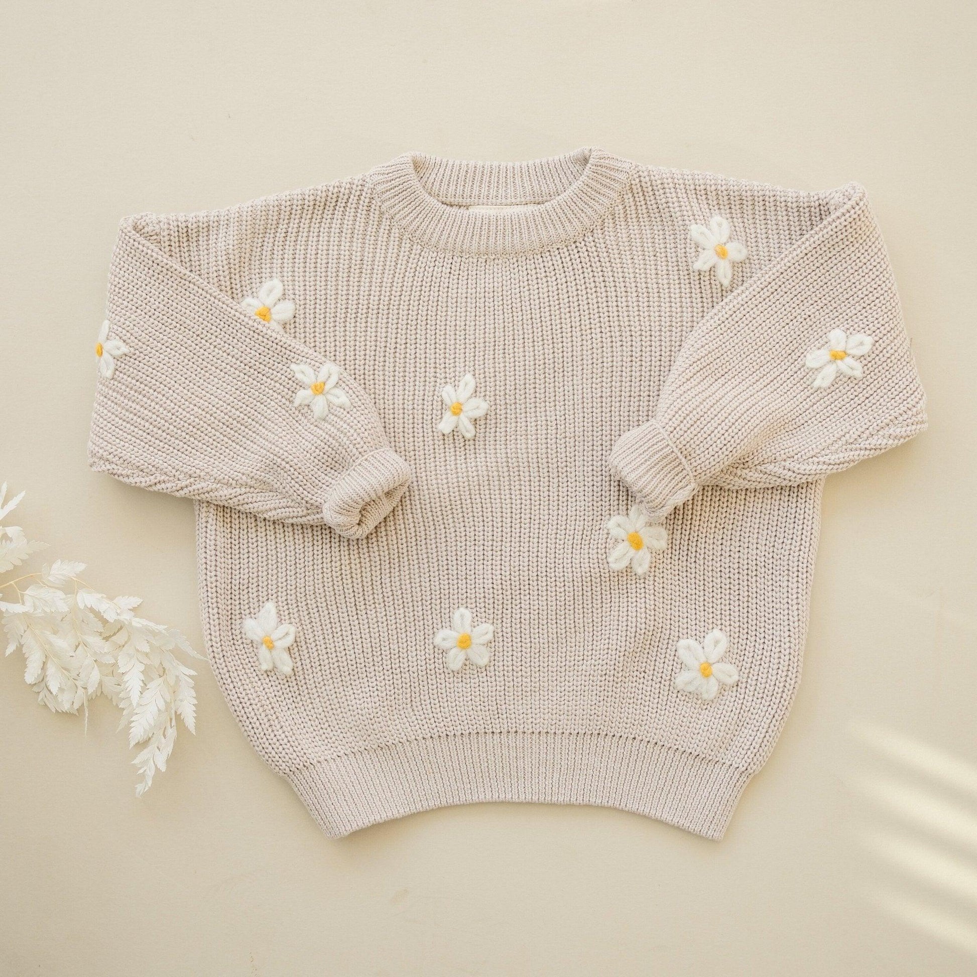 Beige Daisy Hand Embroidered Sweater - Little Joy Co.