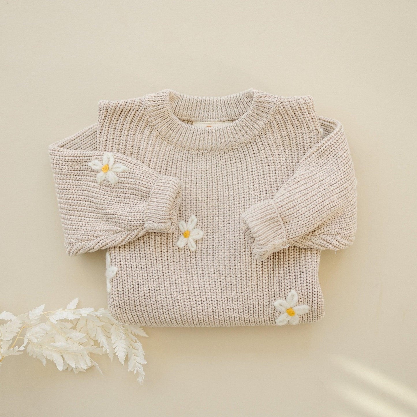 Beige Daisy Hand Embroidered Sweater - Little Joy Co.