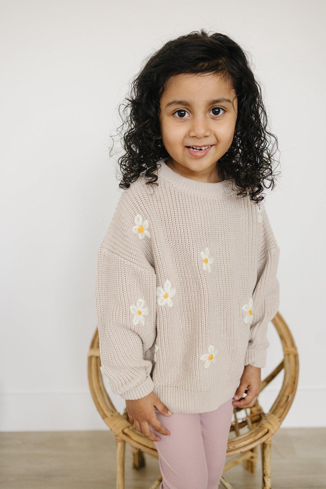 Beige Daisy Hand Embroidered Sweater - Little Joy Co.