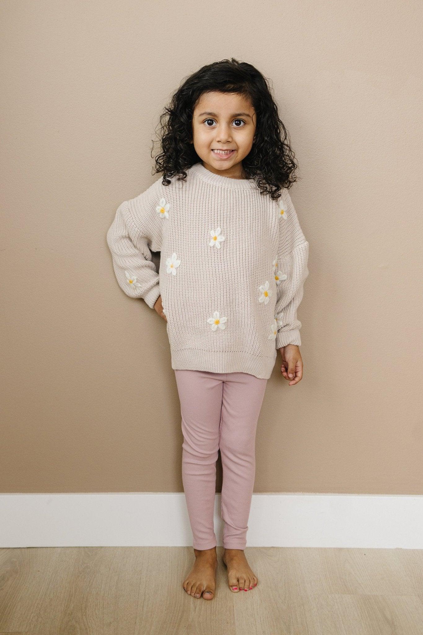 Beige Daisy Hand Embroidered Sweater - Little Joy Co.