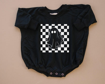 Checkered Ghost Bamboo Sweatshirt Romper - Little Joy Co.