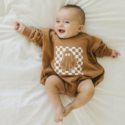 Checkered Ghost Sweatshirt Romper - Little Joy Co.