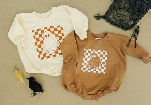 Checkered Ghost Sweatshirt Romper - Little Joy Co.