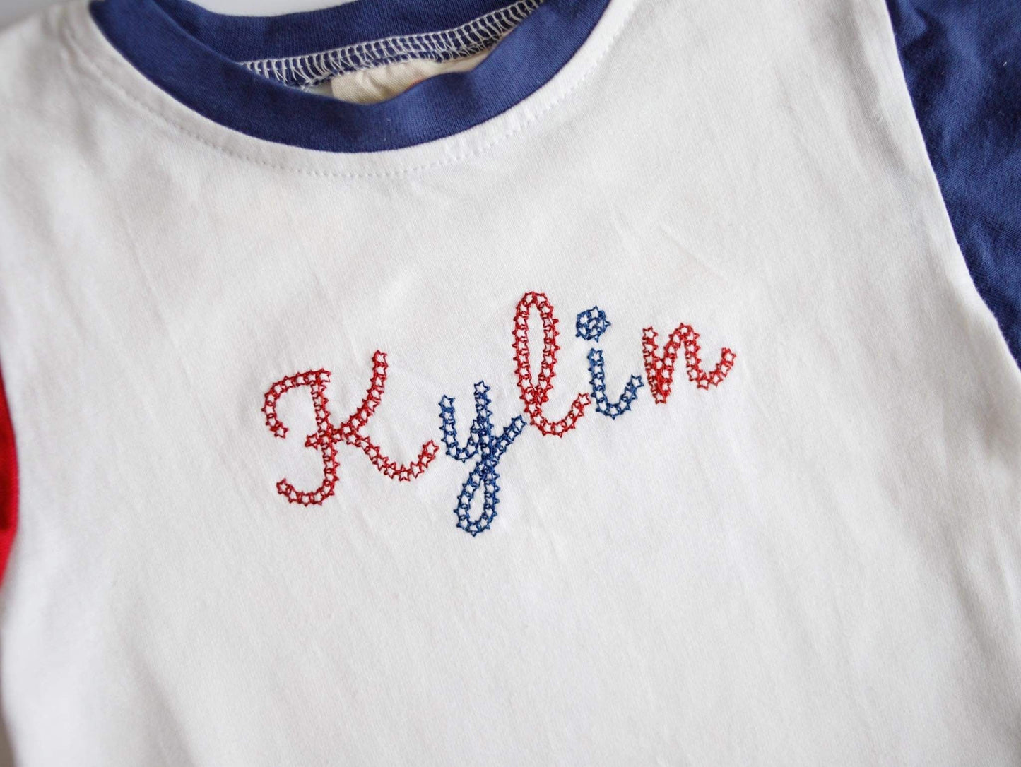 Custom Embroidered 4th of July Colorblock T-Shirt Romper or Oversized Tee - Flag