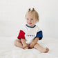 Custom Embroidered 4th of July Colorblock T-Shirt Romper or Oversized Tee - Flag