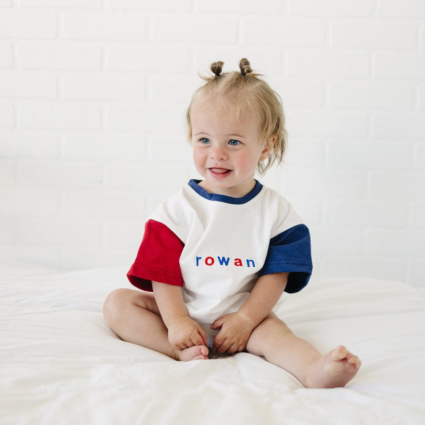 Custom Embroidered 4th of July Colorblock T-Shirt Romper or Oversized Tee - Flag