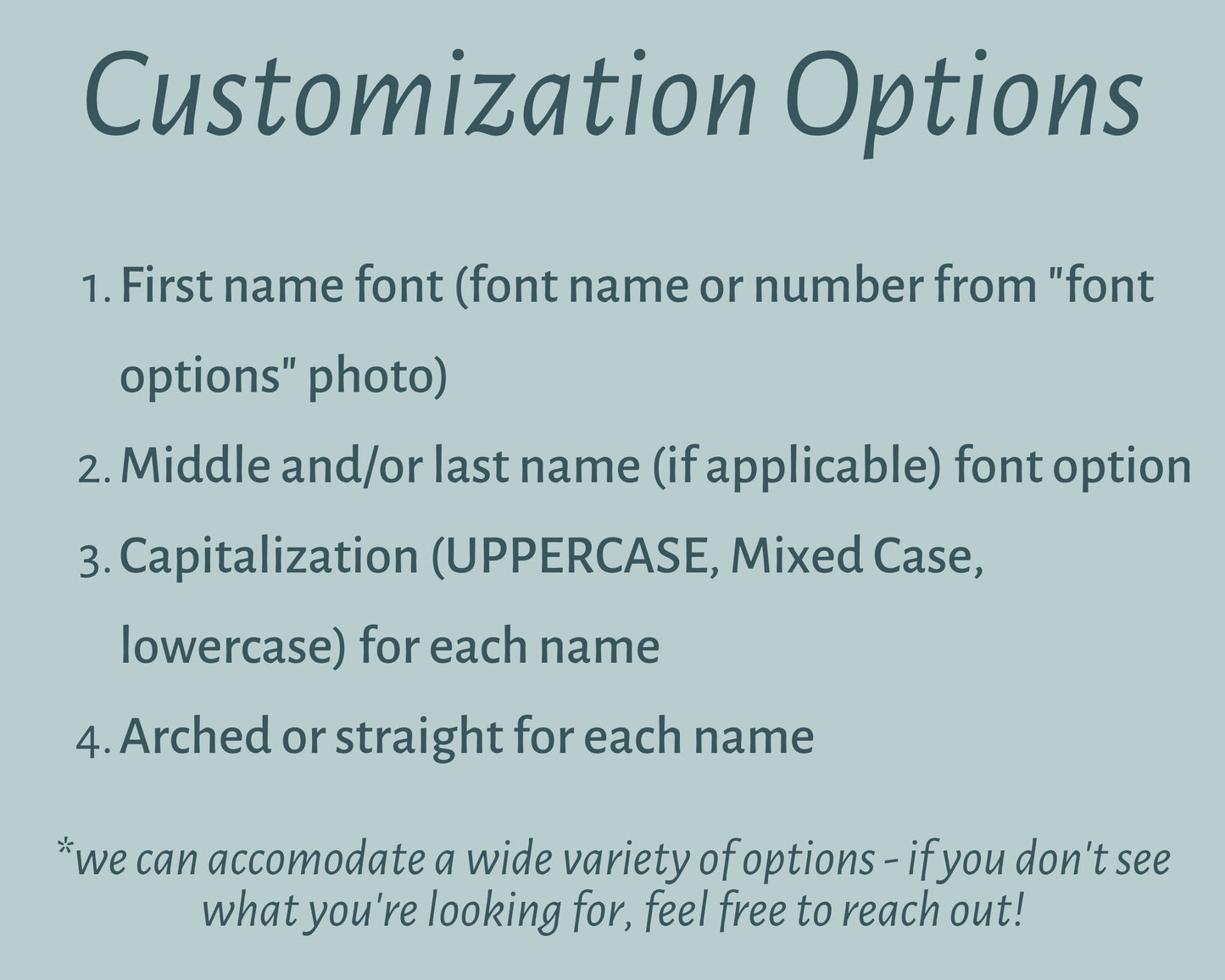 Customization options for custom canvas baby name banner including font style capitalization and arch preferences