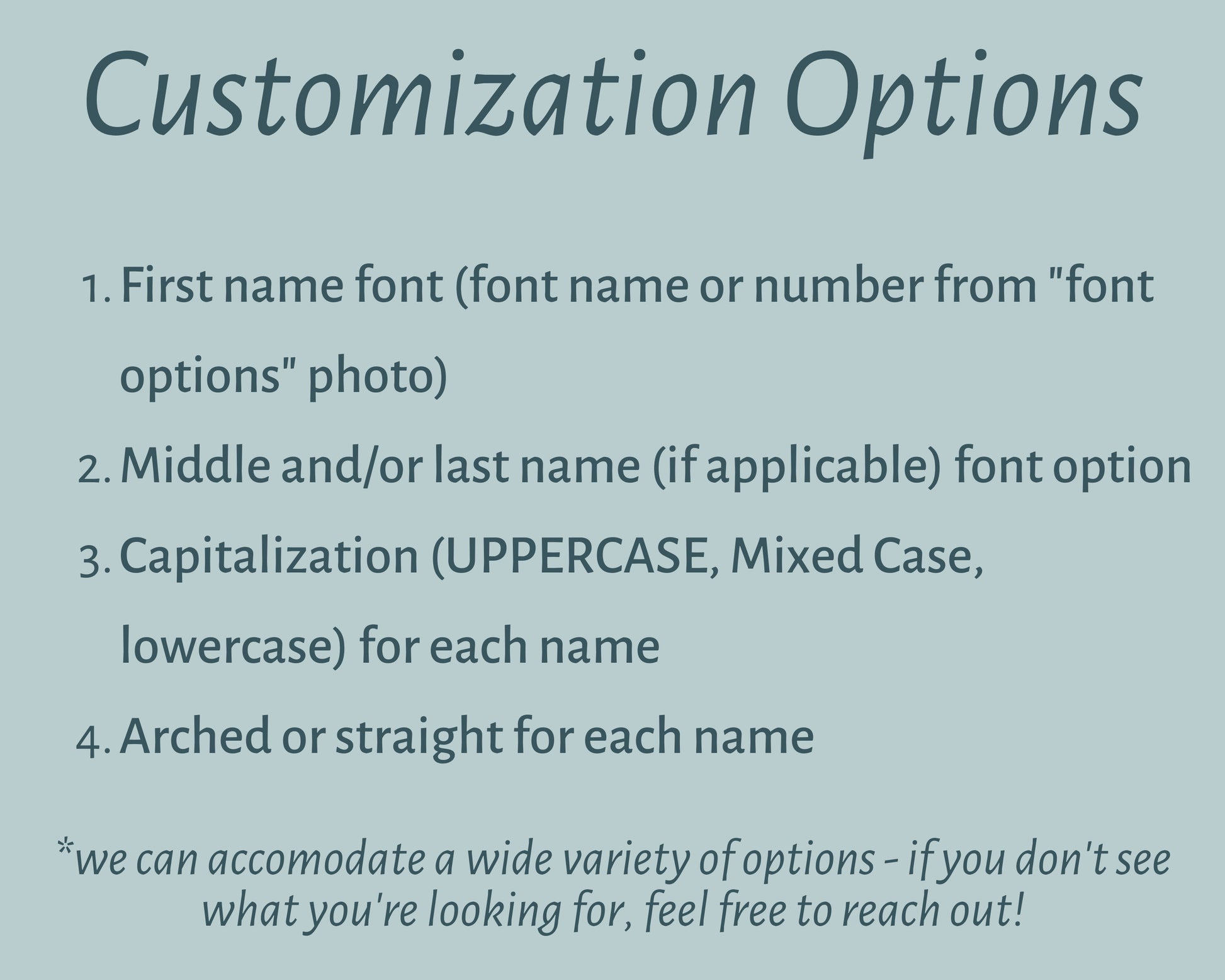 Customization options for custom canvas baby name banner including font style capitalization and arch preferences