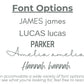Font options available for custom canvas baby name banner by Little Joy Co including bold, script, and modern styles