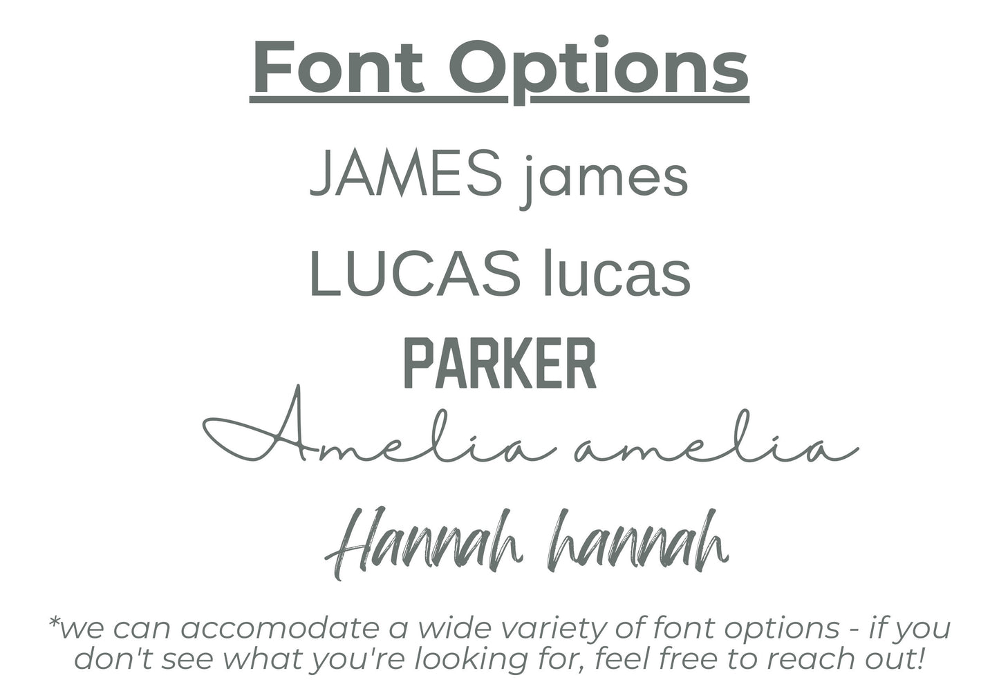 Font options available for custom canvas baby name banner by Little Joy Co including bold, script, and modern styles