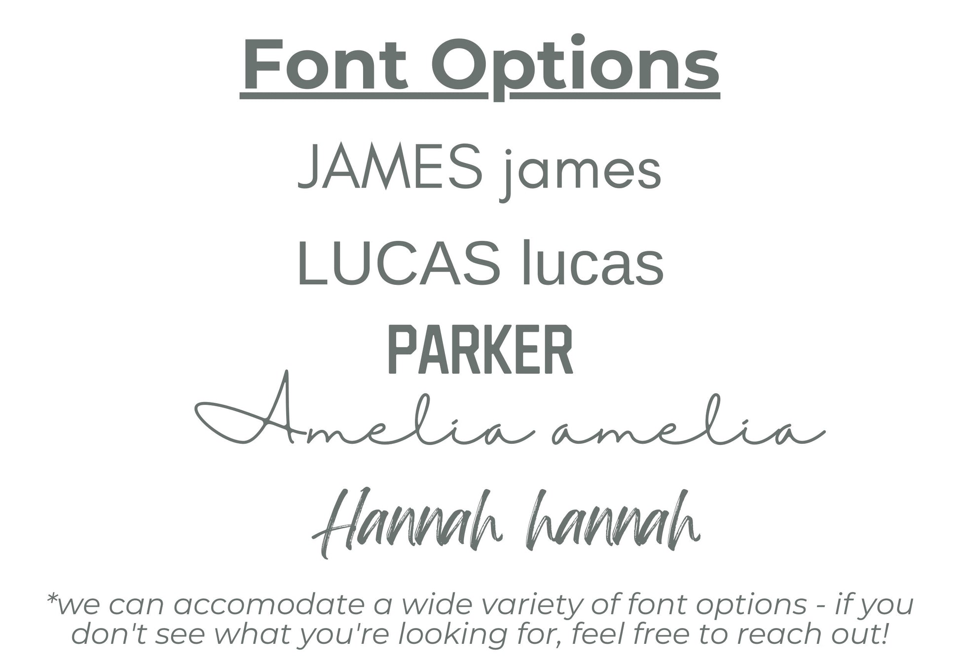 Font options available for custom canvas baby name banner by Little Joy Co including bold, script, and modern styles
