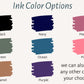 Ink color options for custom canvas baby name banner including black navy mauve green ocean pink camel and purple