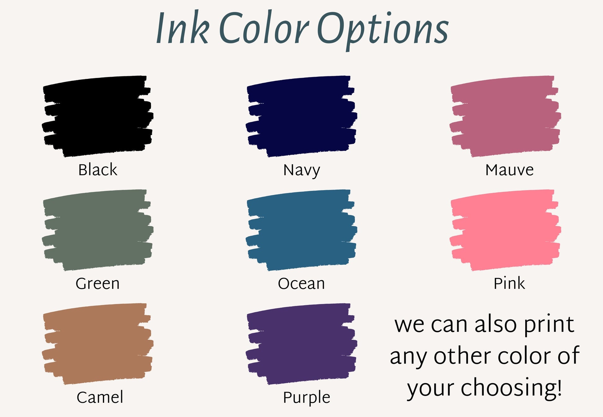 Ink color options for custom canvas baby name banner including black navy mauve green ocean pink camel and purple