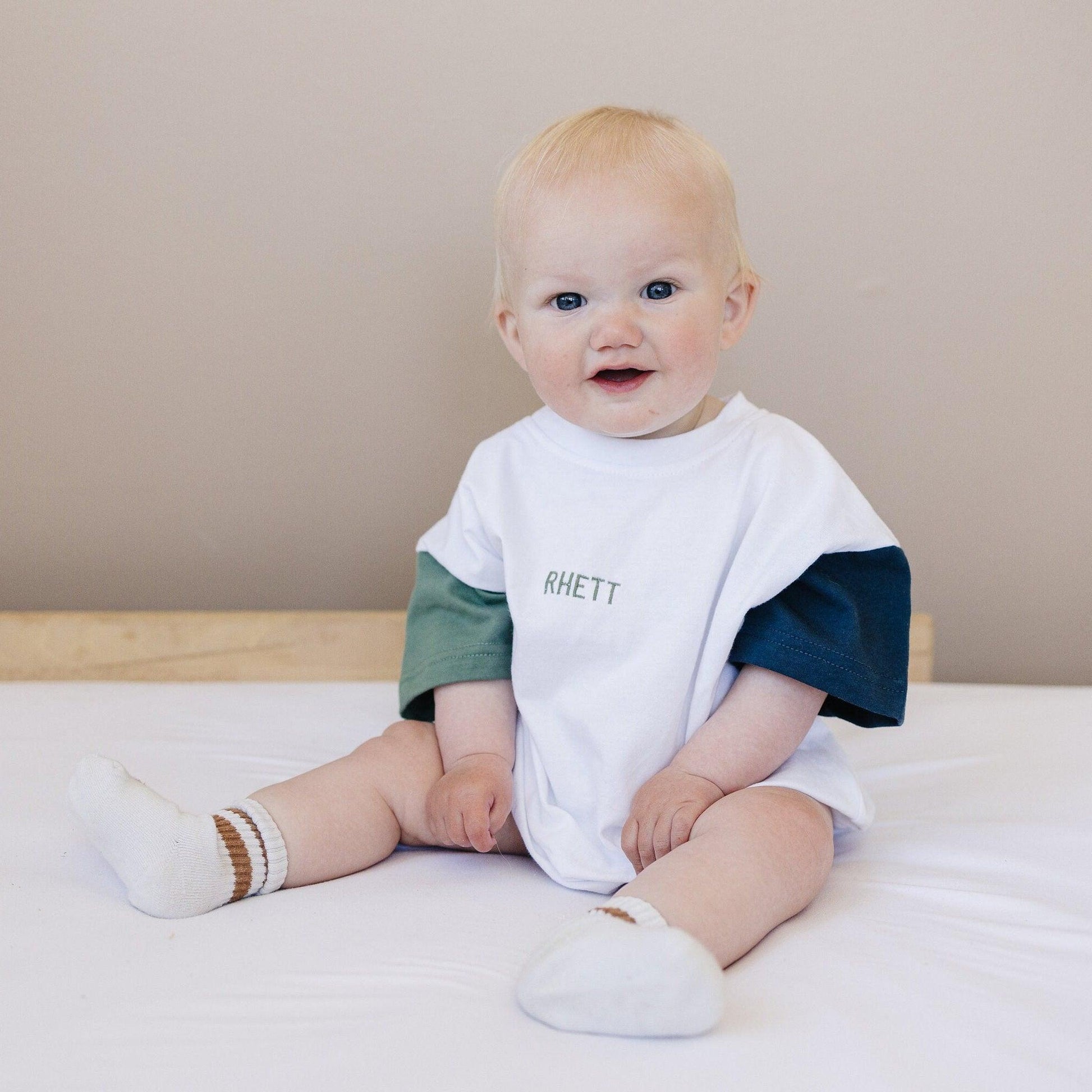 Custom Embroidered Colorblock T - Shirt Romper - Little Joy Co.