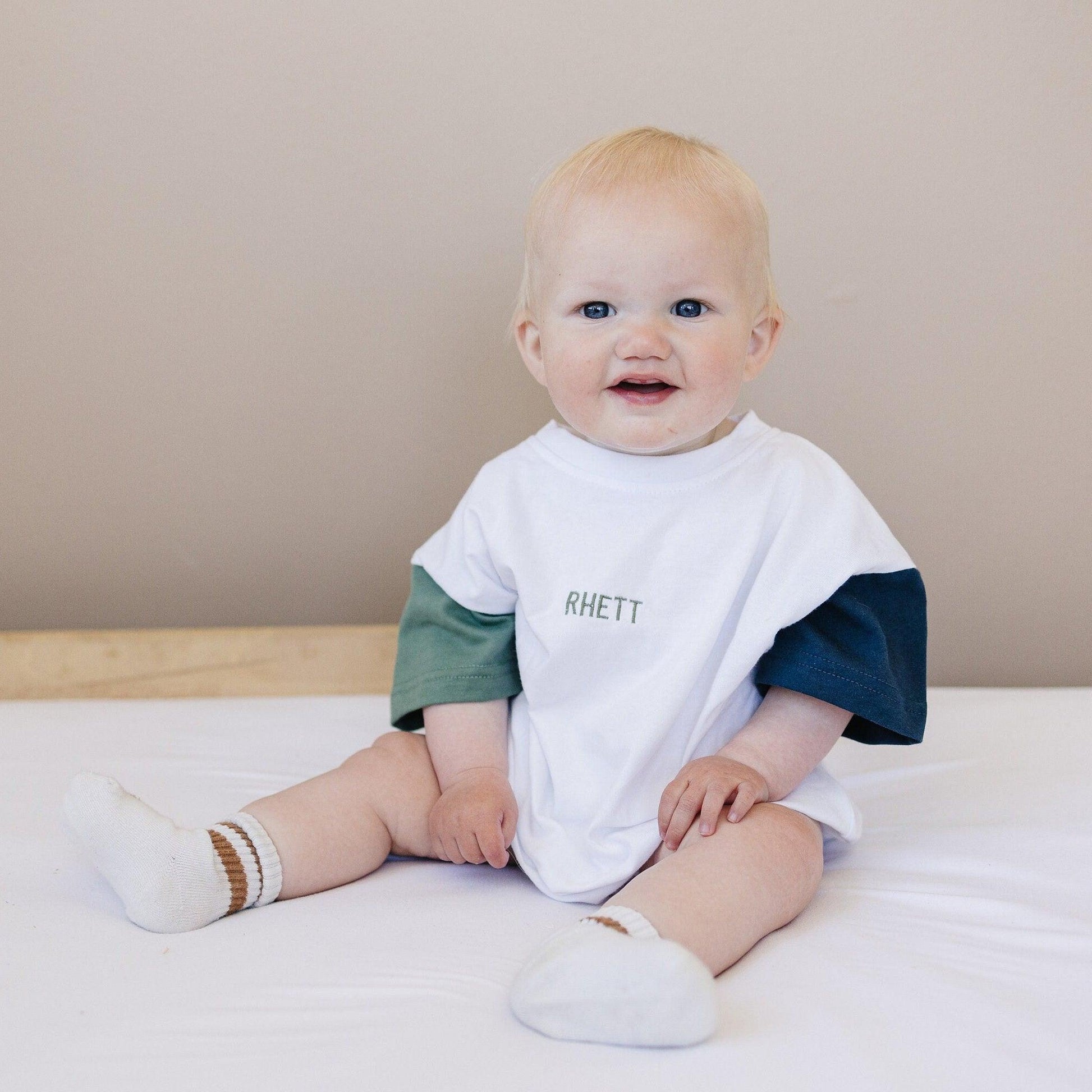 Custom Embroidered Colorblock T - Shirt Romper - Little Joy Co.