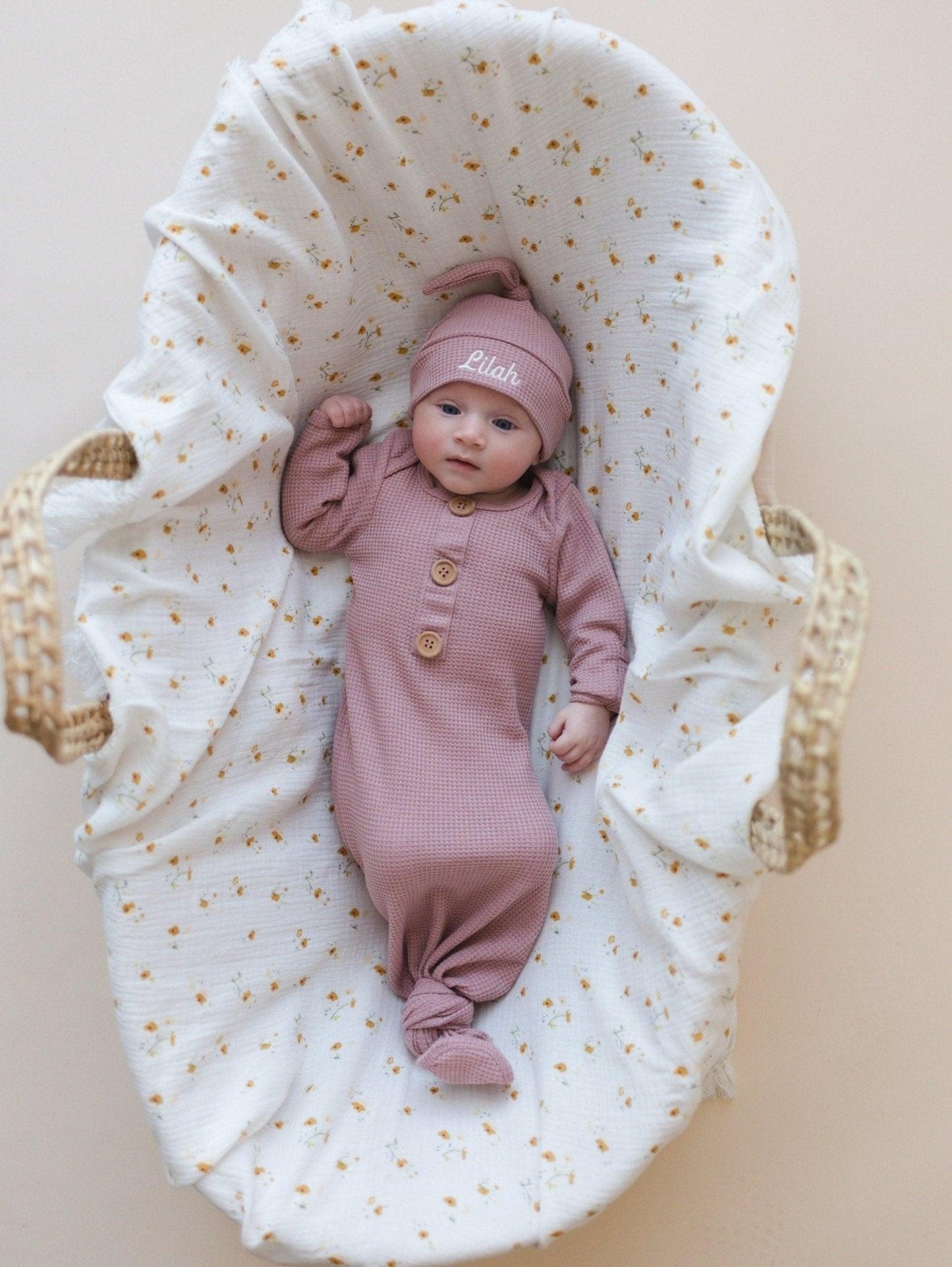 Custom Embroidered Waffle Knotted Gown & Hat Set - more colors - Little Joy Co.