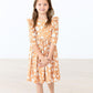 Golden Blooms 3/4 Sleeve Ruffle Twirl Dress