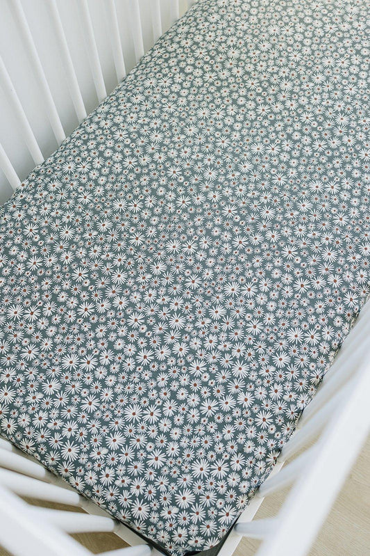 Dark Green Daisy Bamboo Stretch Crib Sheet - Little Joy Co.