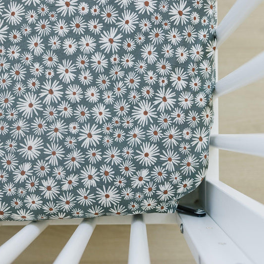 Dark Green Daisy Bamboo Stretch Crib Sheet - Little Joy Co.