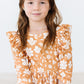 Golden Blooms 3/4 Sleeve Ruffle Twirl Dress